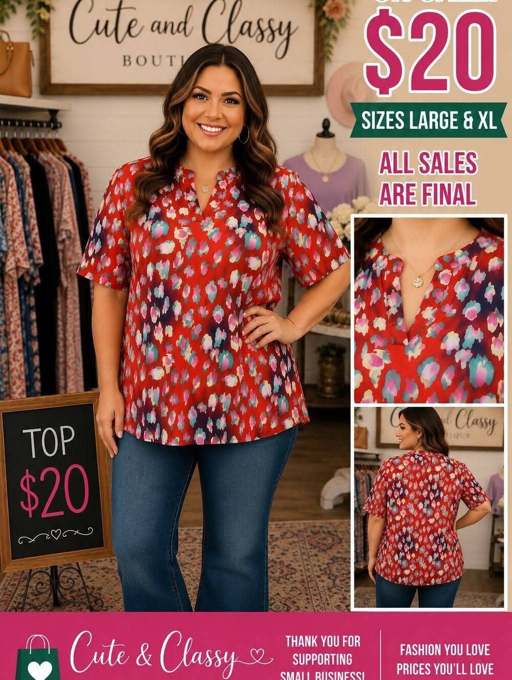 Red Floral Notch-Neck Women’s Top